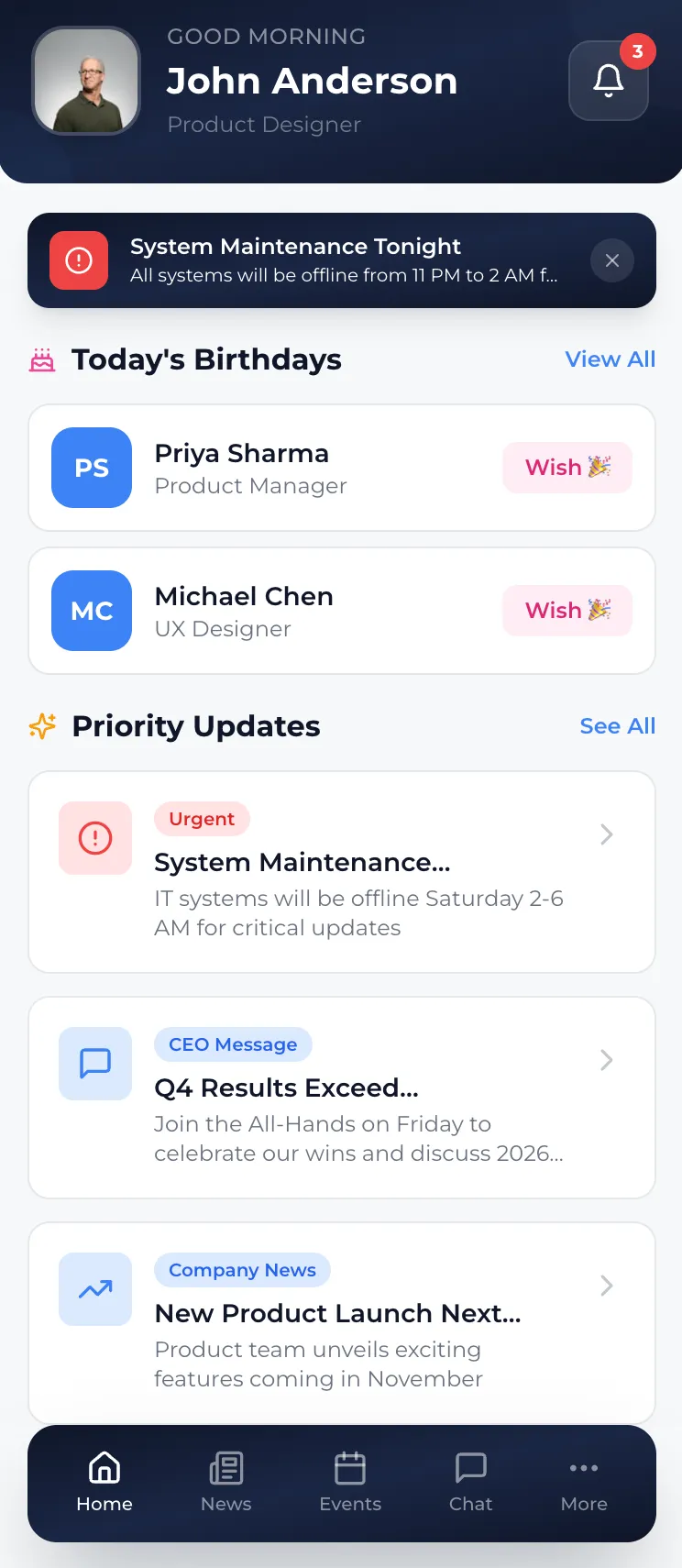 Intranet Mobile App - Screen 1